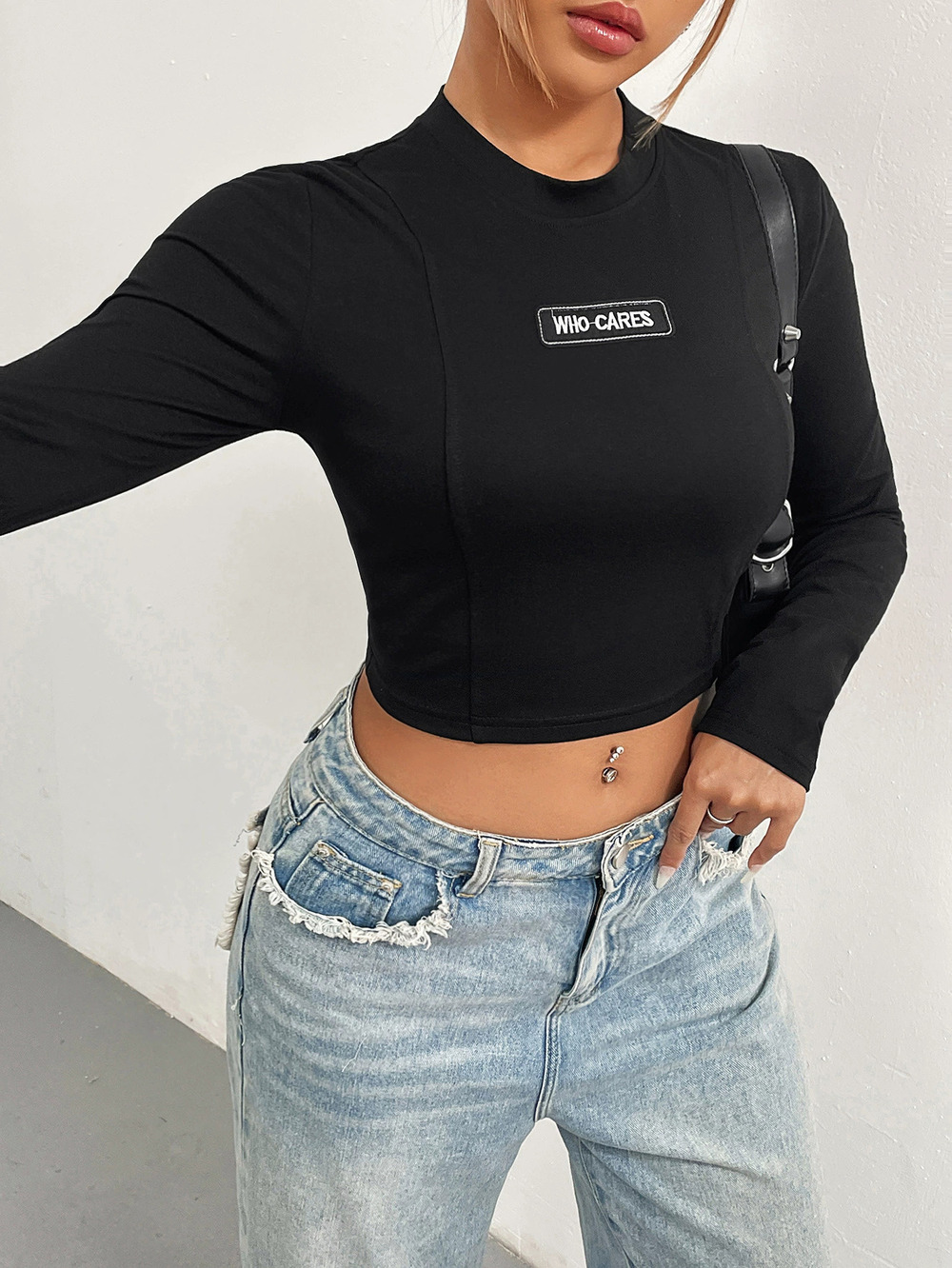 ZARA American Streetwear Solid Slim Cropped Mock Neck Long Sleeve Tee